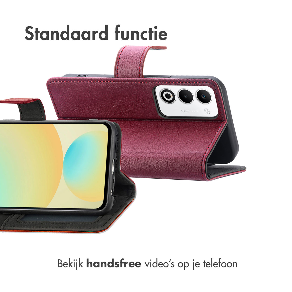 Custodia rossa per telefono con funzione stand mostra fotocamera e schermo.
