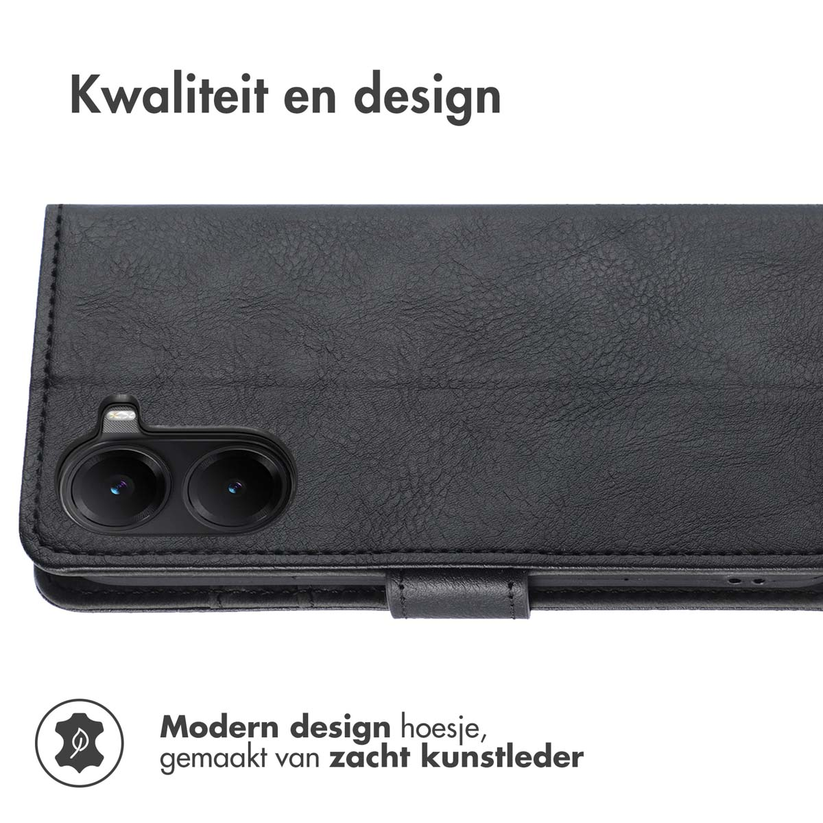 Zwarte telefoonhoes met dubbele cameralens en tekst.