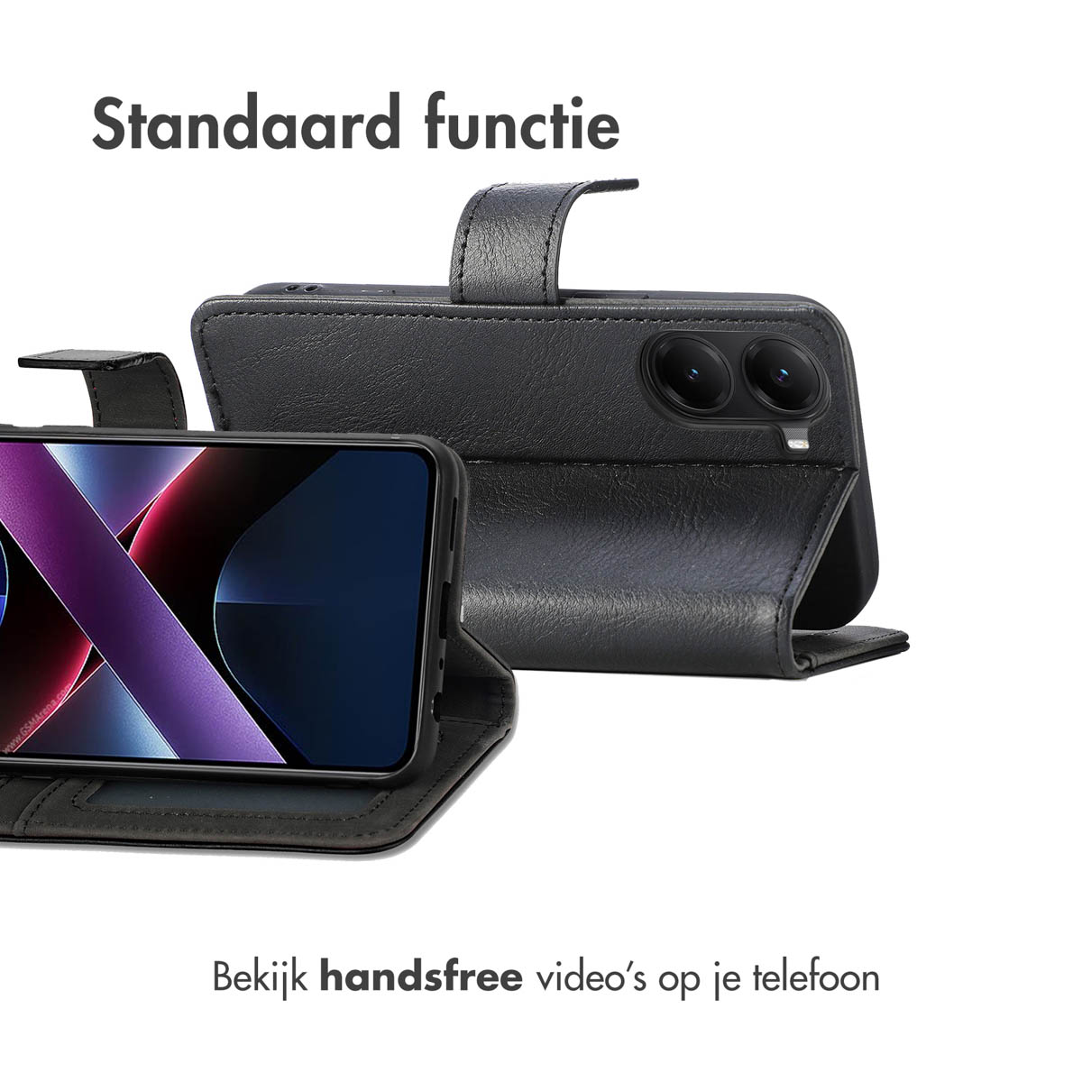 Zwart leren flip case voor smartphone liggend, met camera's.