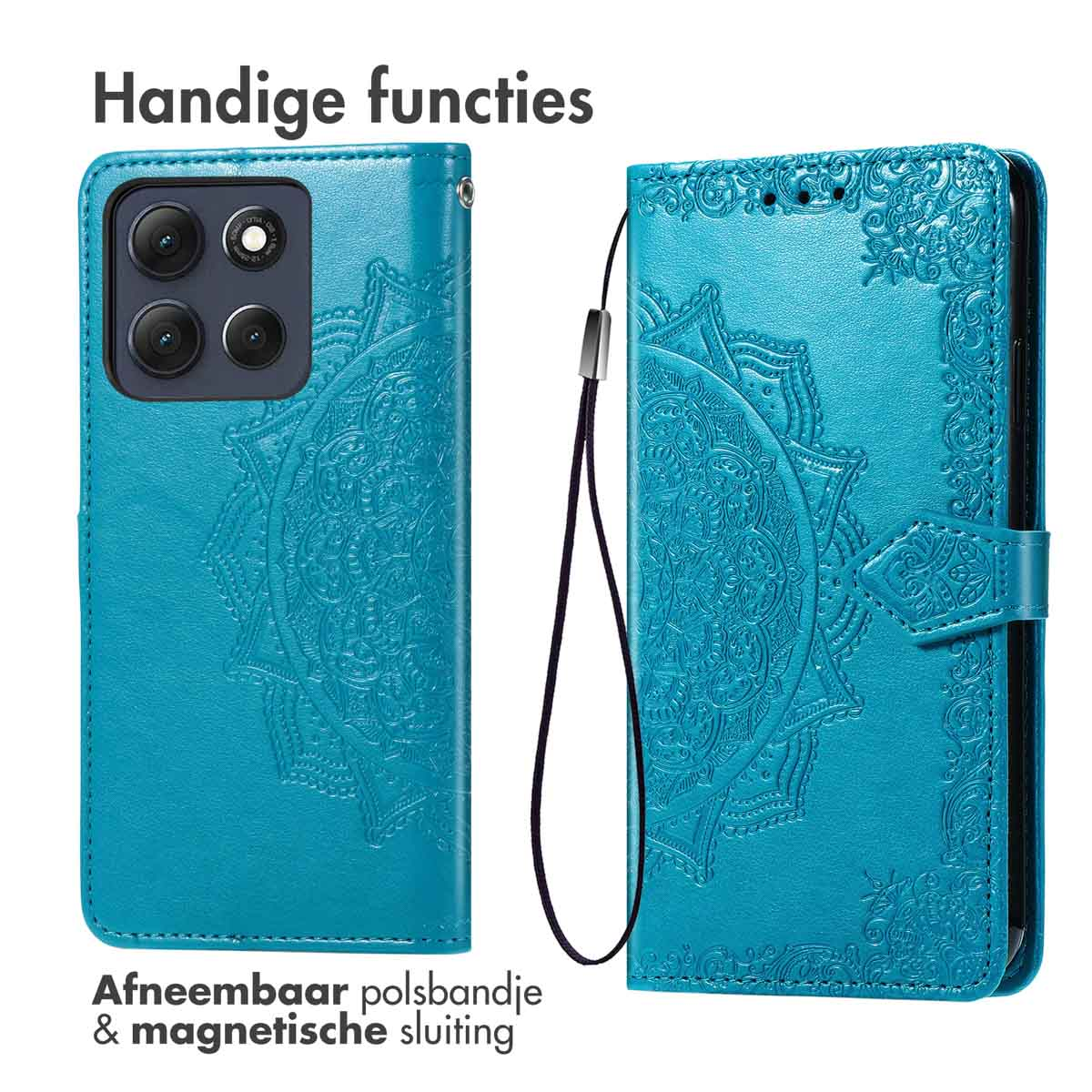 Étui de téléphone turquoise avec gaufrage mandala, dragonne amovible et fermeture magnétique.