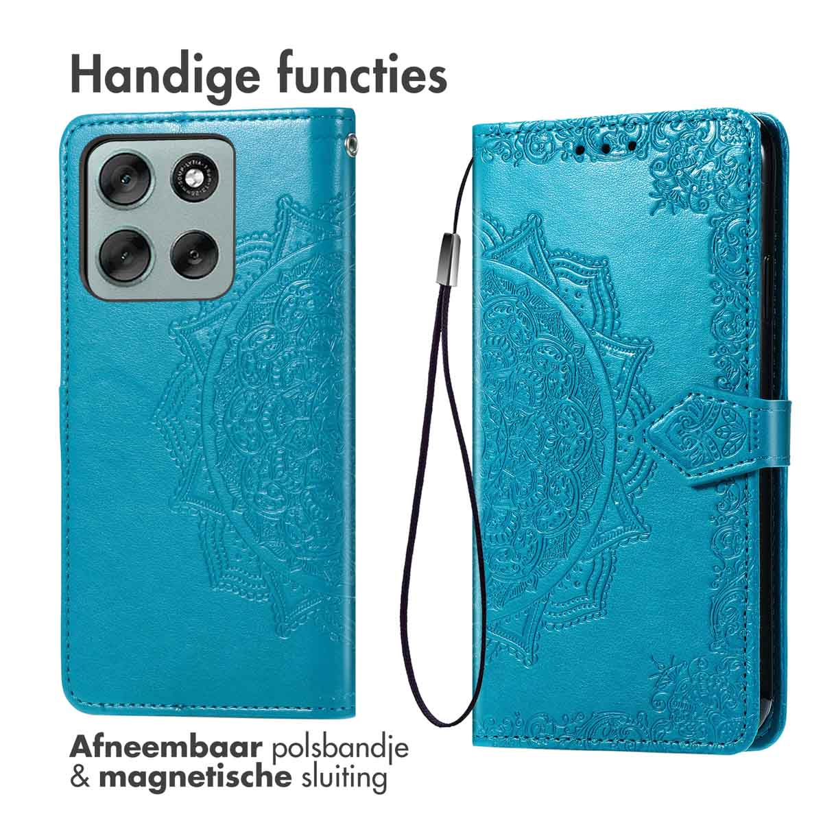 Étui de téléphone bleu avec gaufrage mandala, dragonne et fermeture magnétique.