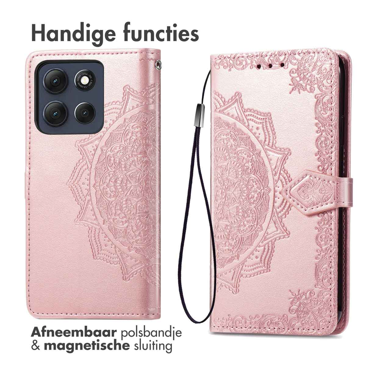 Roze telefoonhoesje met mandalapatroon, afneembare polsband en magnetische sluiting.
