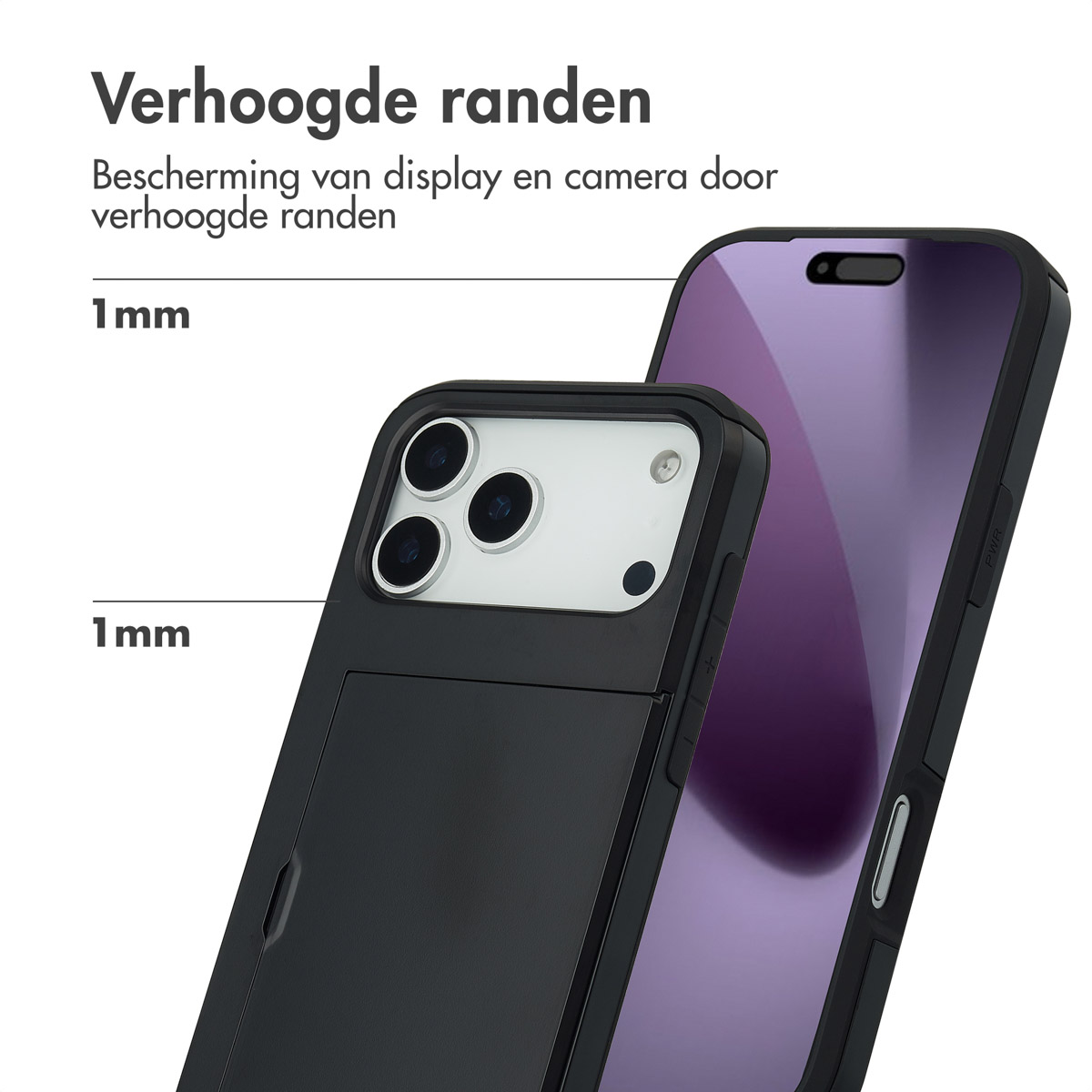 Coque de téléphone noire avec bords surélevés de 1 mm pour protéger l'écran et la caméra.