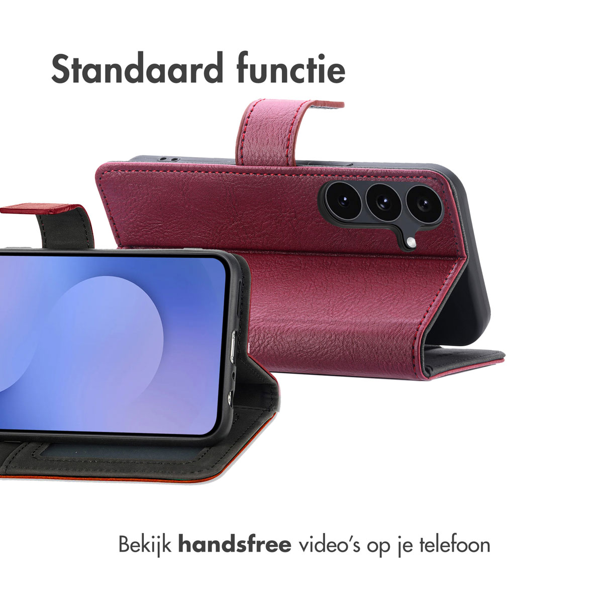 Un étui rouge en cuir à rabat pour téléphone en mode support avec trois caméras.