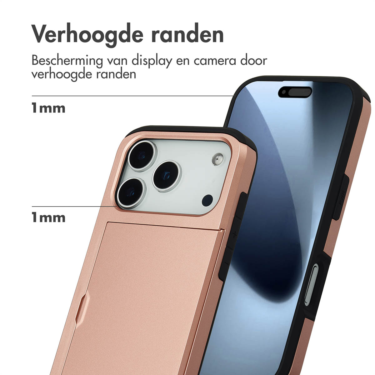 Rosegouden telefoonhoes met verhoogde randen beschermt camera en display.