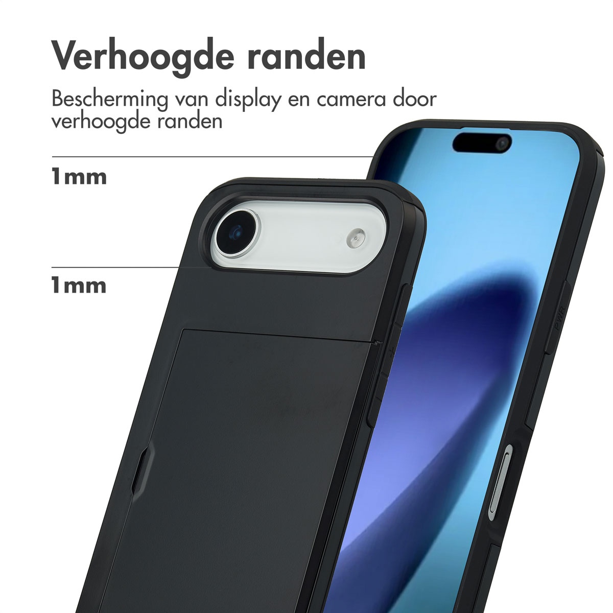 Coque de téléphone noire avec bords surélevés de 1mm pour appareil photo et écran.