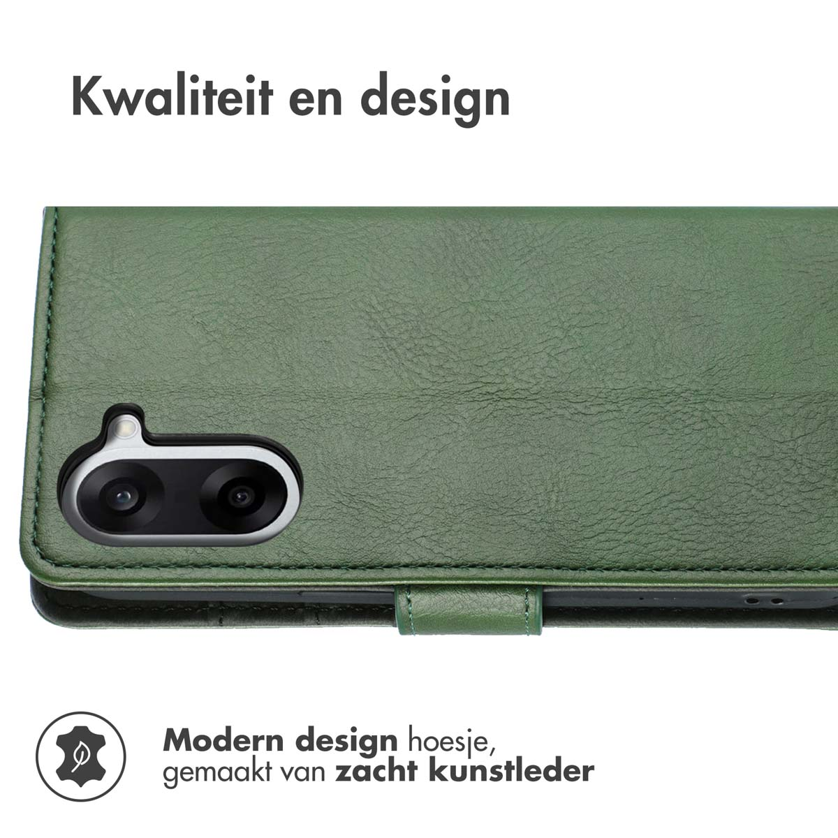 Étui de téléphone vert en similicuir avec découpe pour appareil photo.