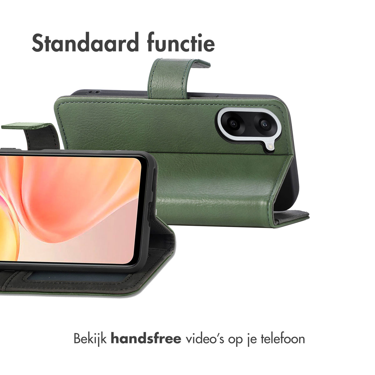 Étui de téléphone vert en design à rabat avec écran et appareil photo ouverts.