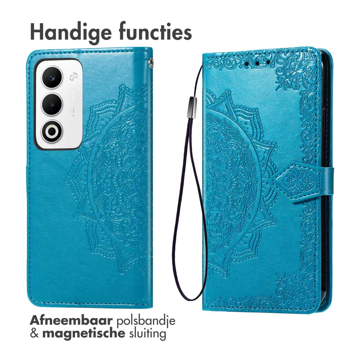 Custodia per telefono turchese con motivo mandala, cinturino da polso staccabile e chiusura magnetica.