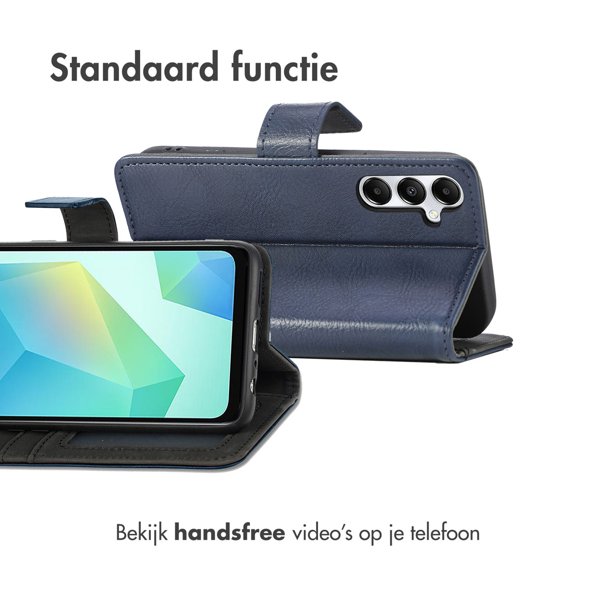 Een blauwe telefoon flipcase met camera's en een smartphone met een kleurrijk scherm.
