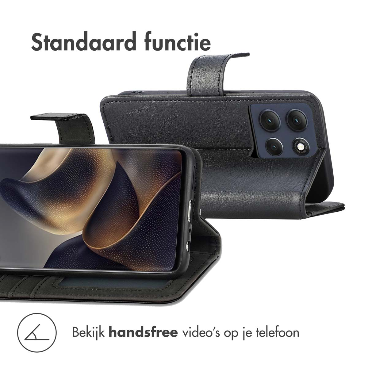 Étui de téléphone noir ouvert, montrant le téléphone et la caméra.