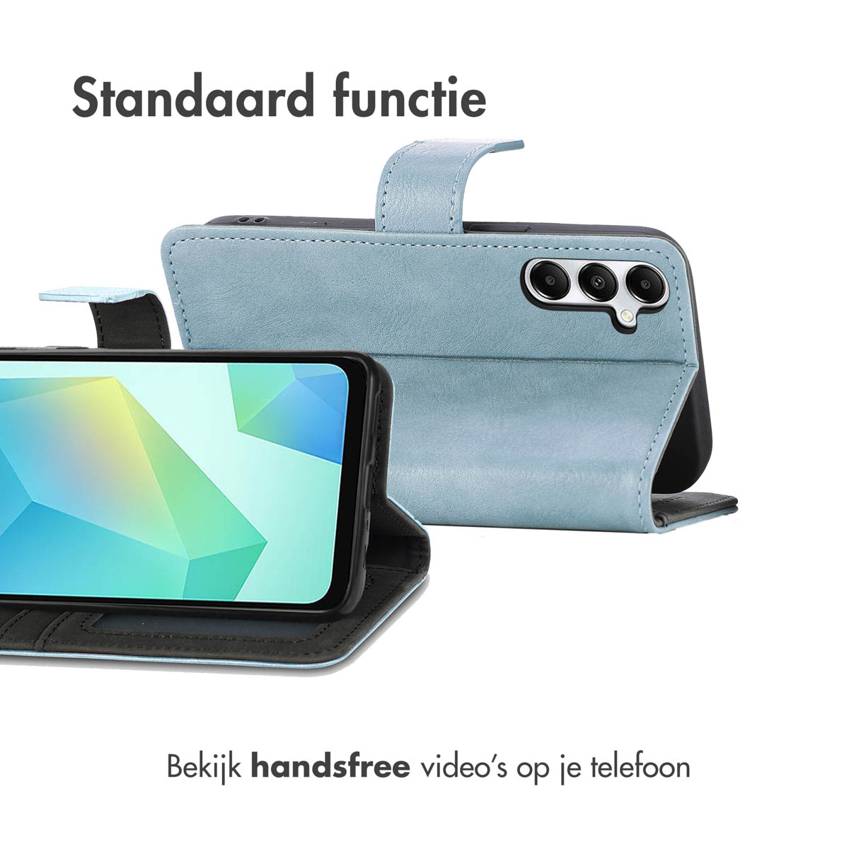 Een lichtblauwe telefoonhoes open, die een smartphone met kleurrijk scherm vasthoudt.