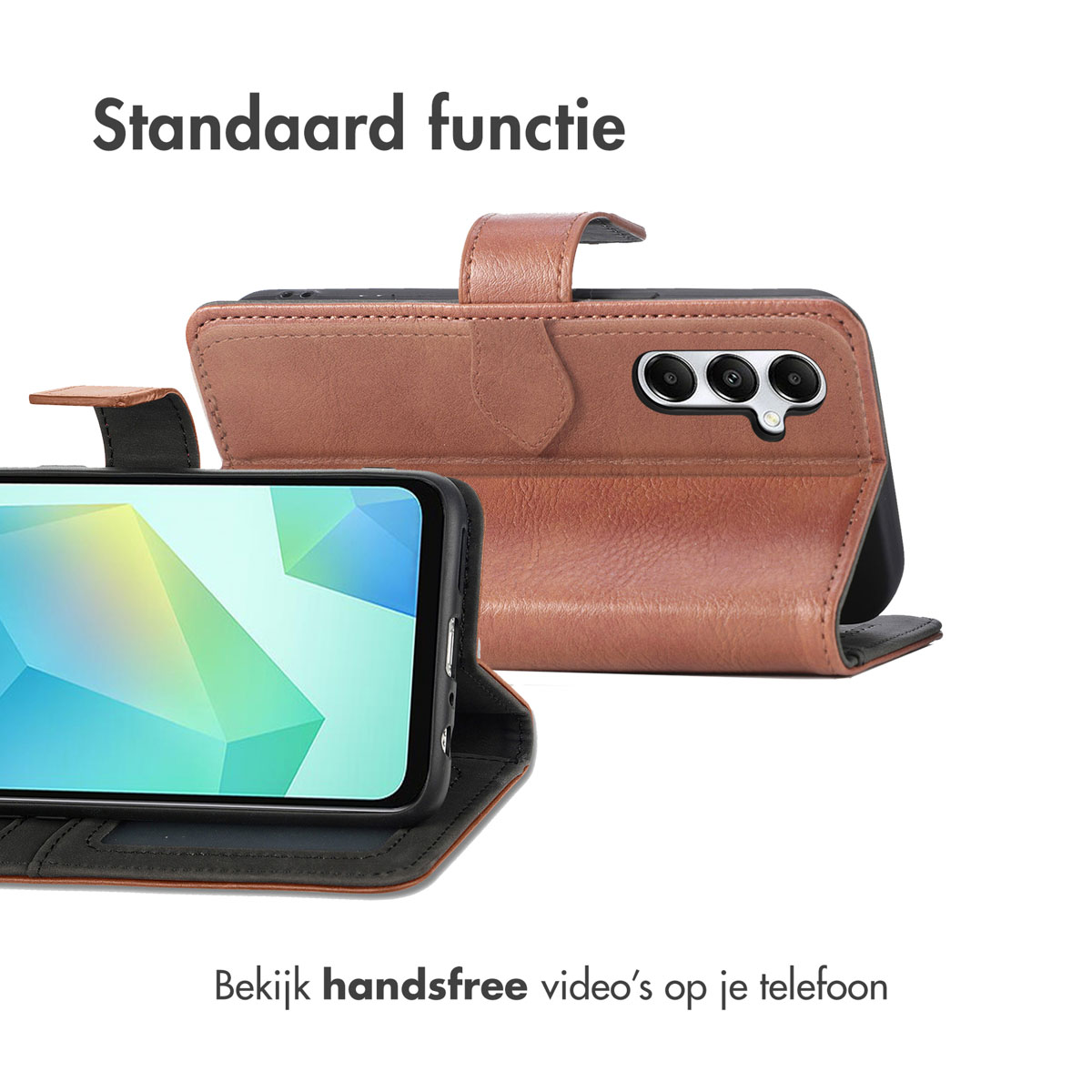 Bruine telefoonhoes met standaardfunctie en cameralenzen.