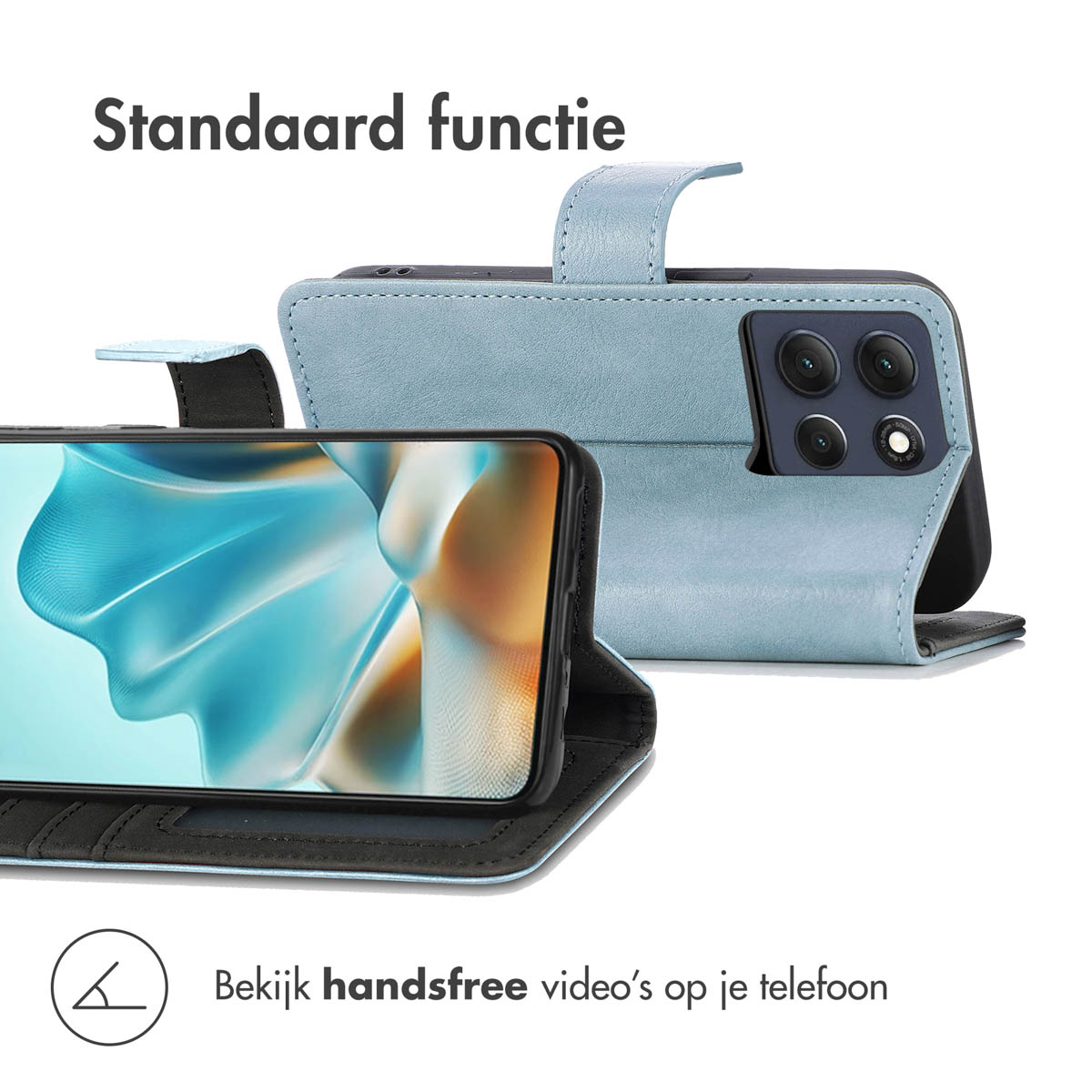 Étui de téléphone bleu clair ouvert, montrant le téléphone et le module caméra.