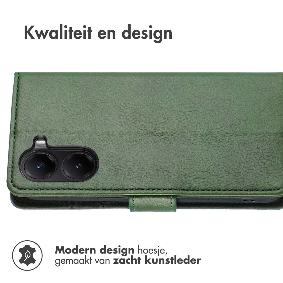 Étui de téléphone en cuir vert avec découpe caméra et pli.