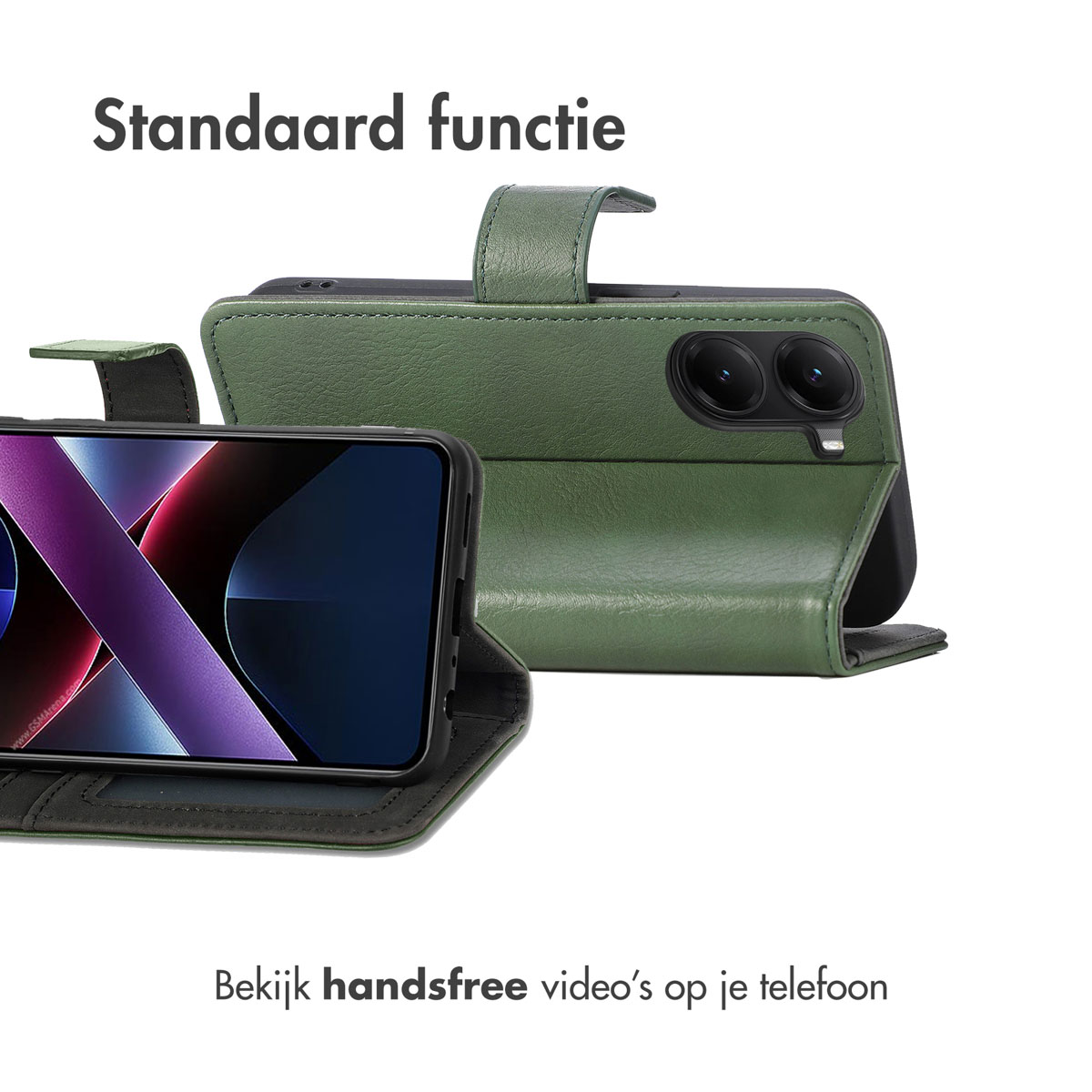 Un étui de téléphone vert avec un téléphone posé pour regarder des vidéos.