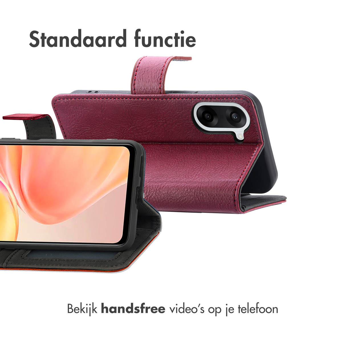 Een rood flip telefoonhoesje met twee camera's op de achterkant.
