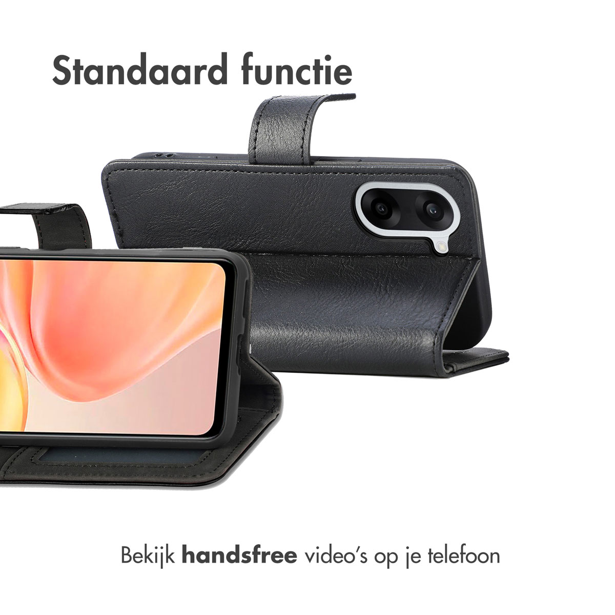 Een zwart telefoon flipcase in landschap, functionerend als standaard.