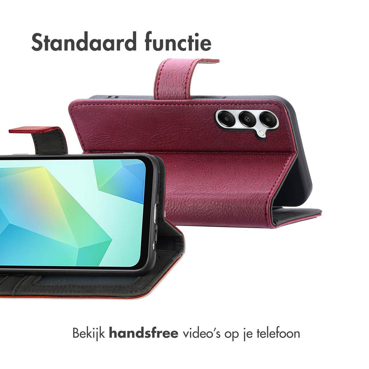 Een donkerrode telefoonhoes open, functionerend als standaard.