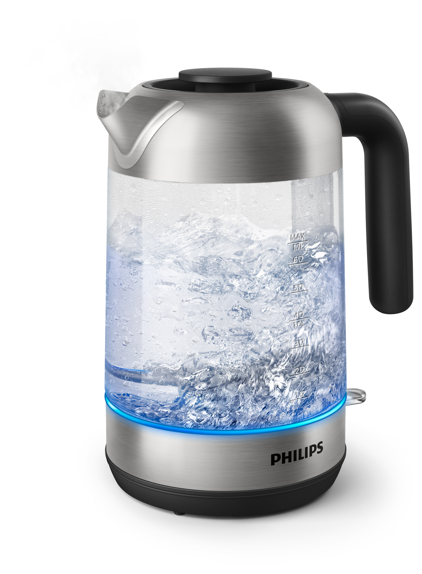 Un hervidor plateado con cuerpo de cristal, con agua hirviendo dentro.
