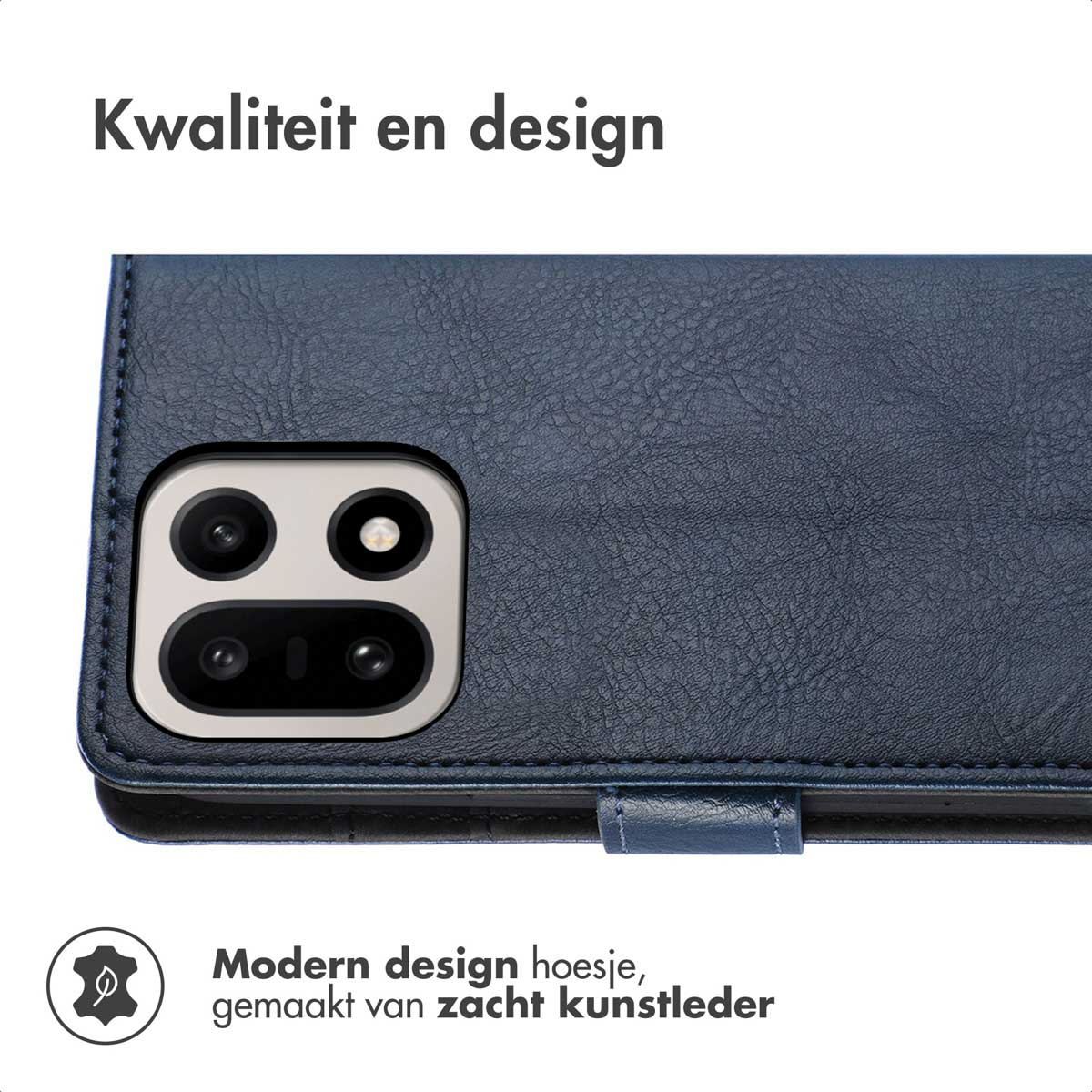 Étui de téléphone bleu marine en similicuir avec découpe caméra et coutures.