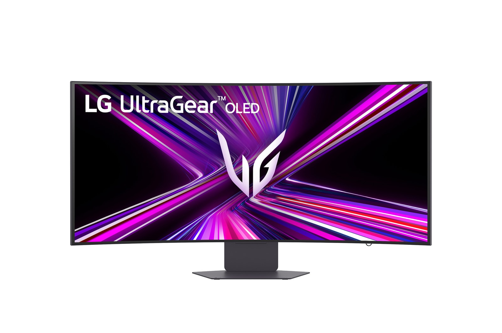 Zakrzywiony monitor LG UltraGear OLED wyświetla stylizowane logo z fioletowymi i różowymi smugami światła.