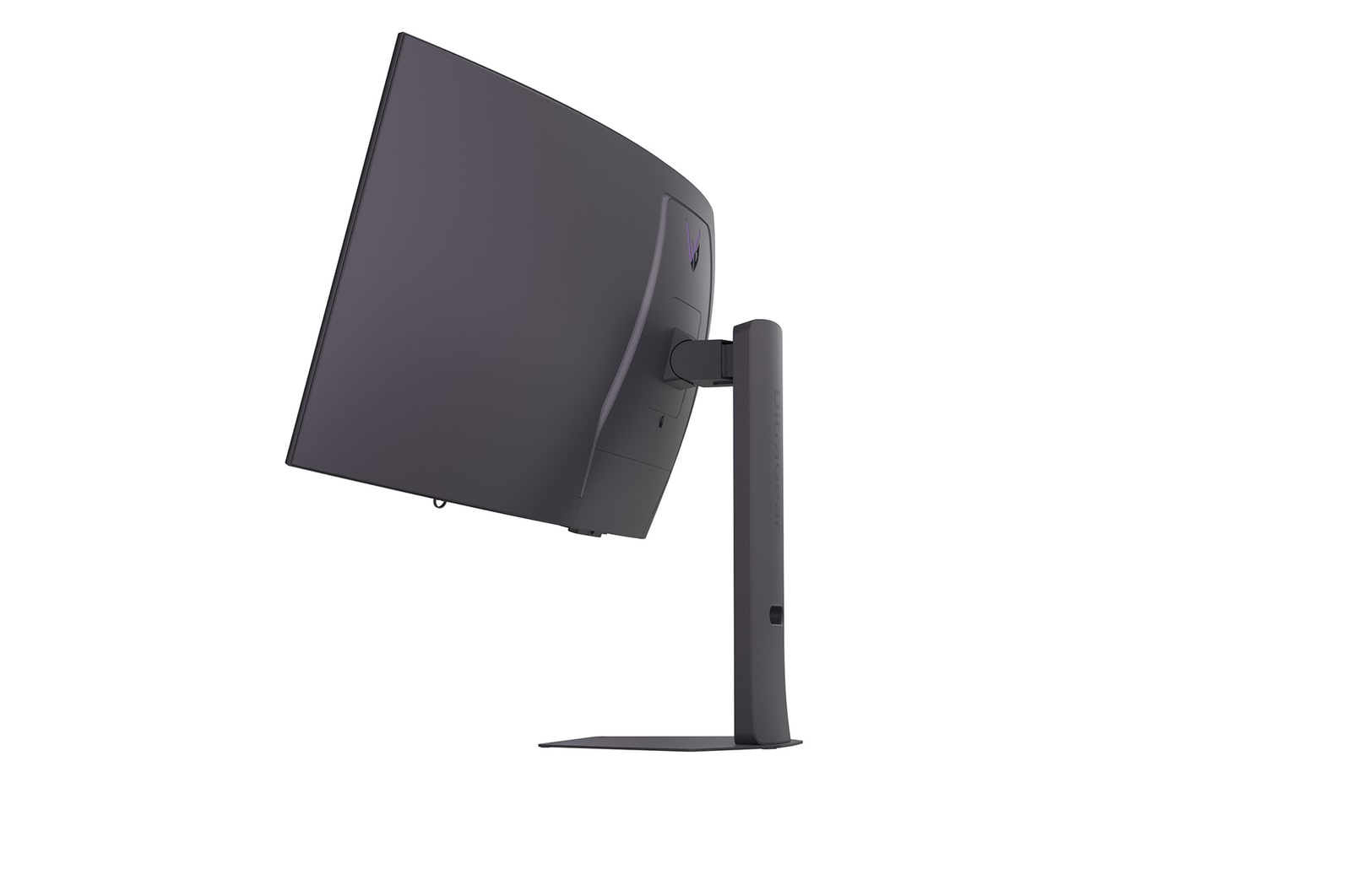 Tył ciemnego, zakrzywionego monitora na prostym stojaku.