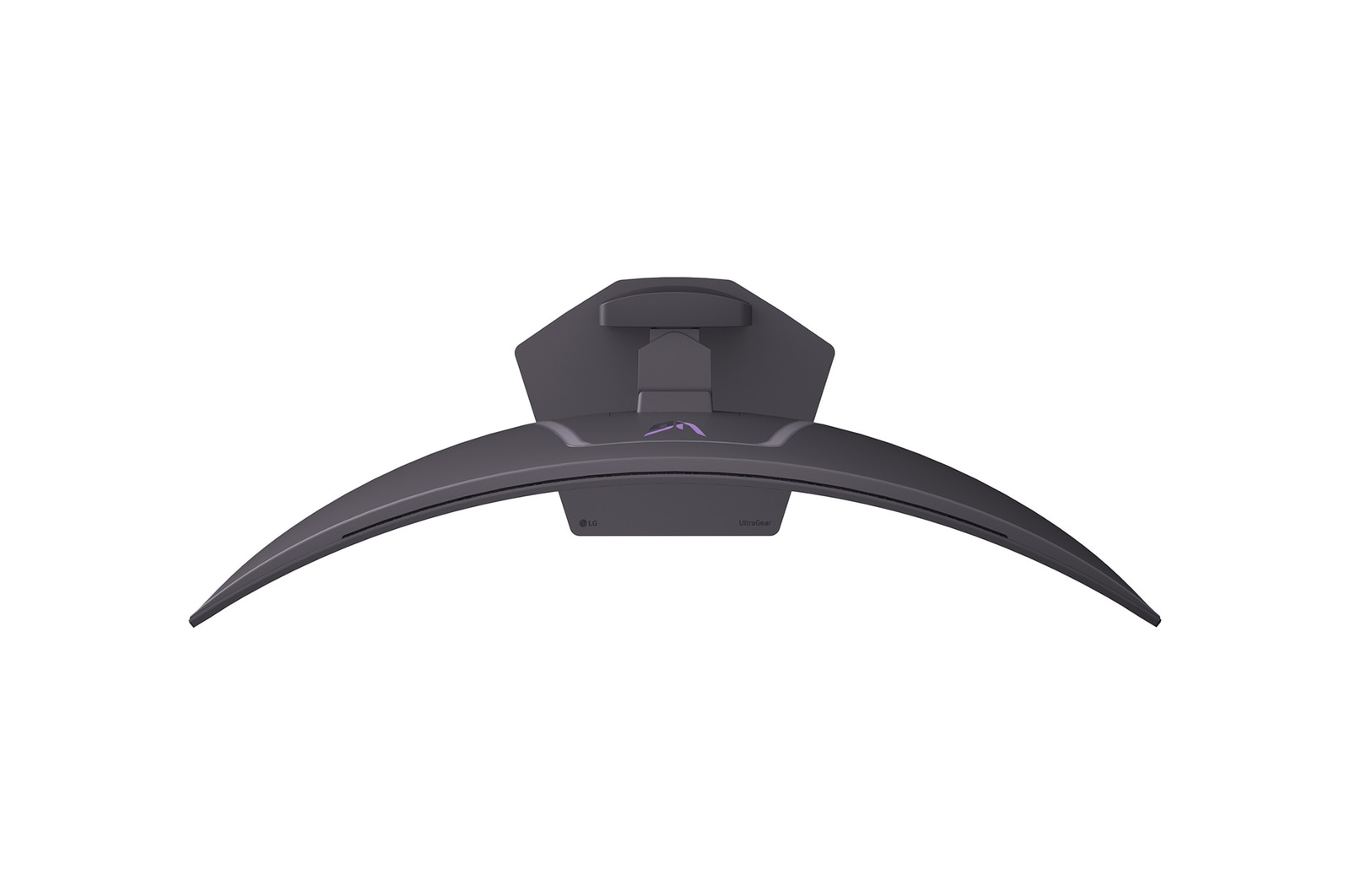 Ciemny, zakrzywiony monitor komputerowy ze stojakiem i fioletowym logo.