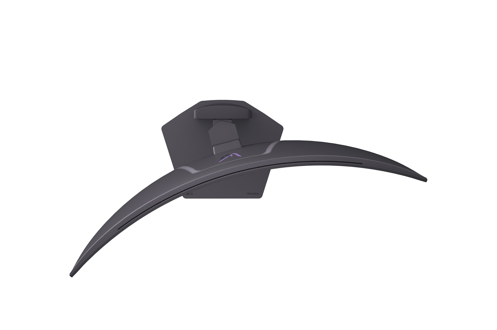 Zakrzywiony monitor w kolorze ciemnoszarym ze srebrną podstawą.