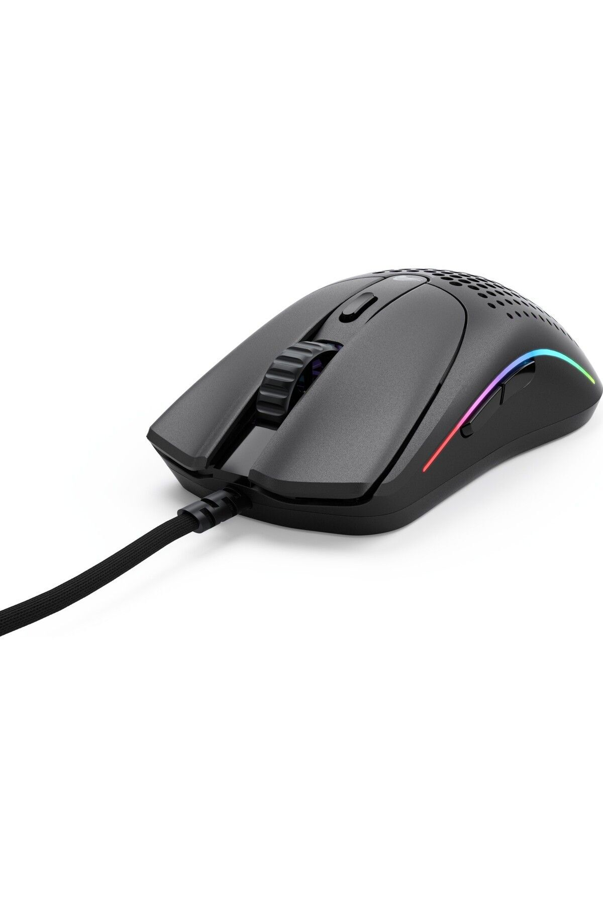 Souris gaming noire avec éclairage RVB et molette de défilement texturée.