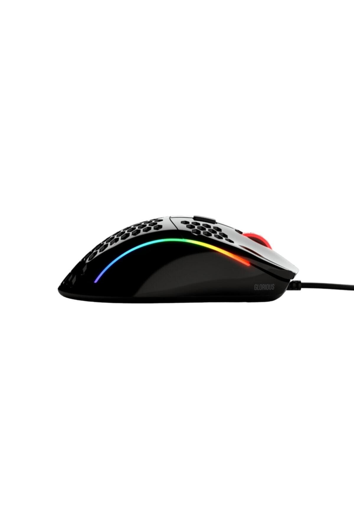 Black gaming mouse with RGB lighting and honeycomb pattern.