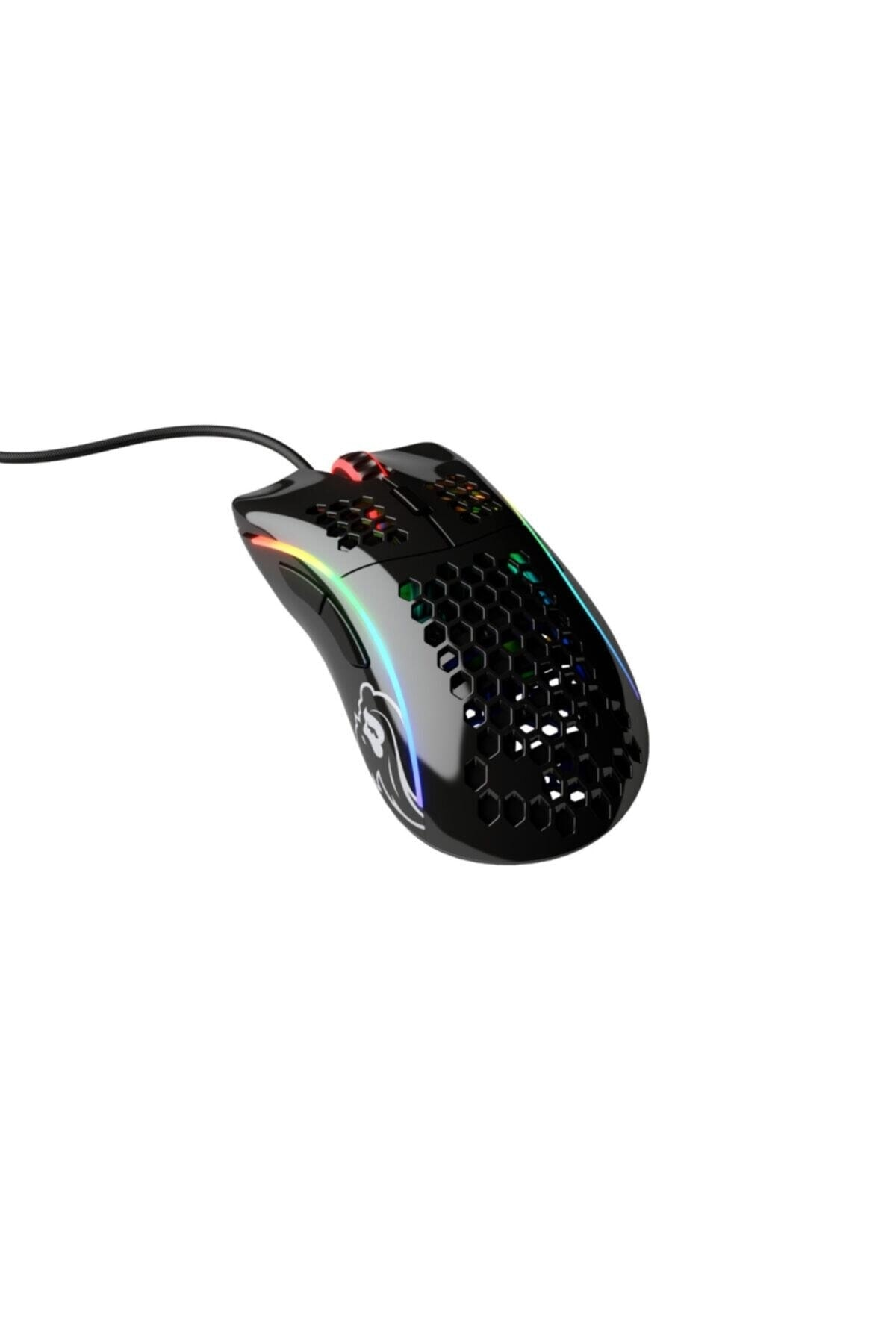 Black gaming mouse with honeycomb design and RGB lighting.