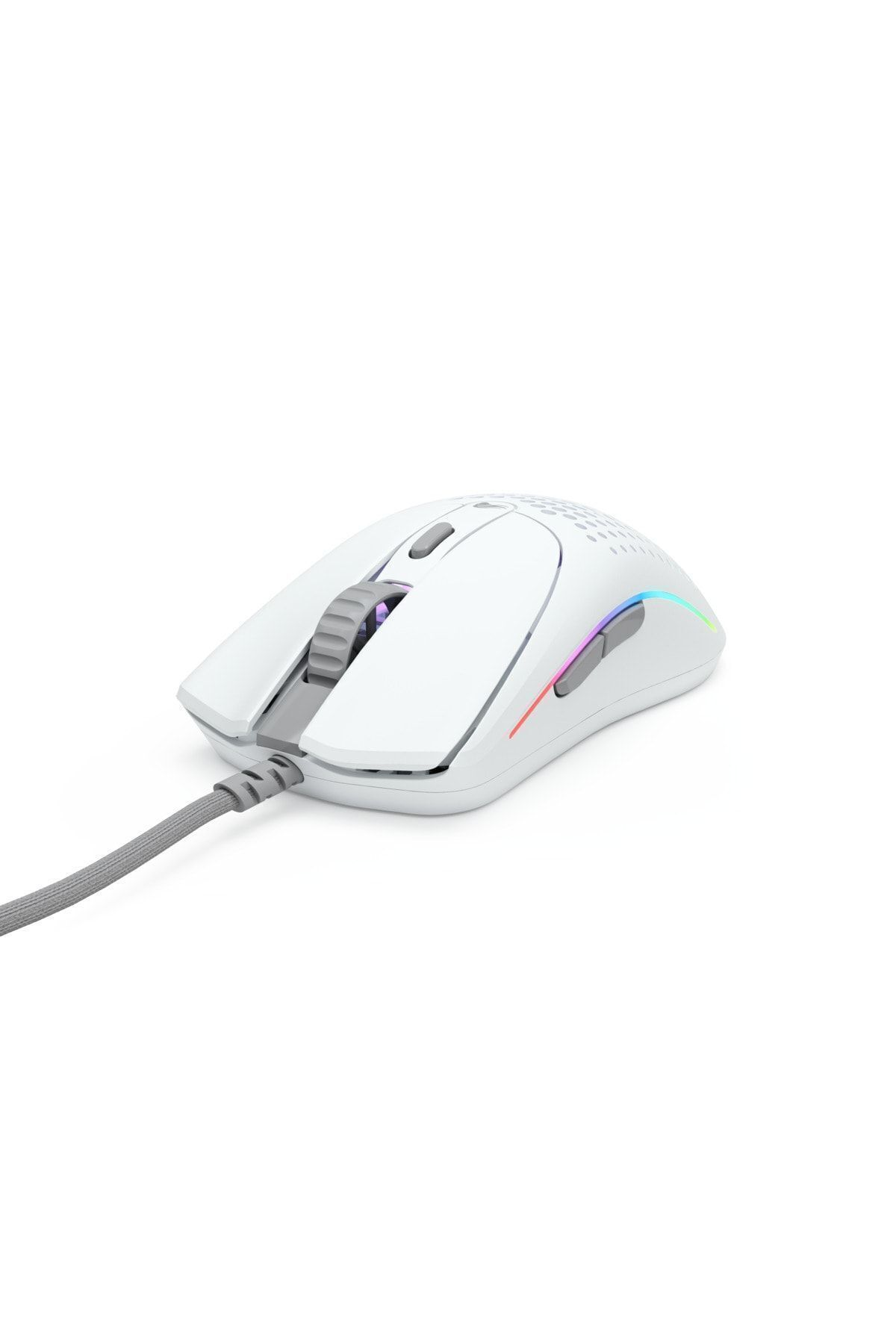 Een witte gamingmuis met een grijze kabel en RGB-verlichting op witte achtergrond.