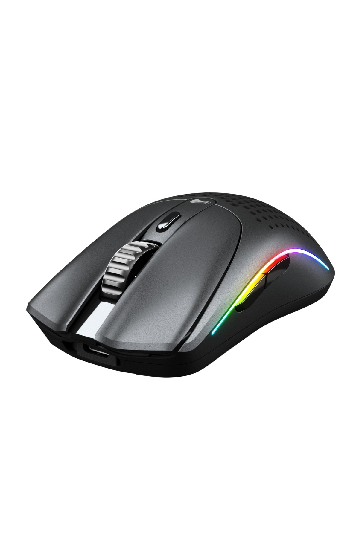 Un mouse da gaming scuro con rotella illuminata e accenti RGB.