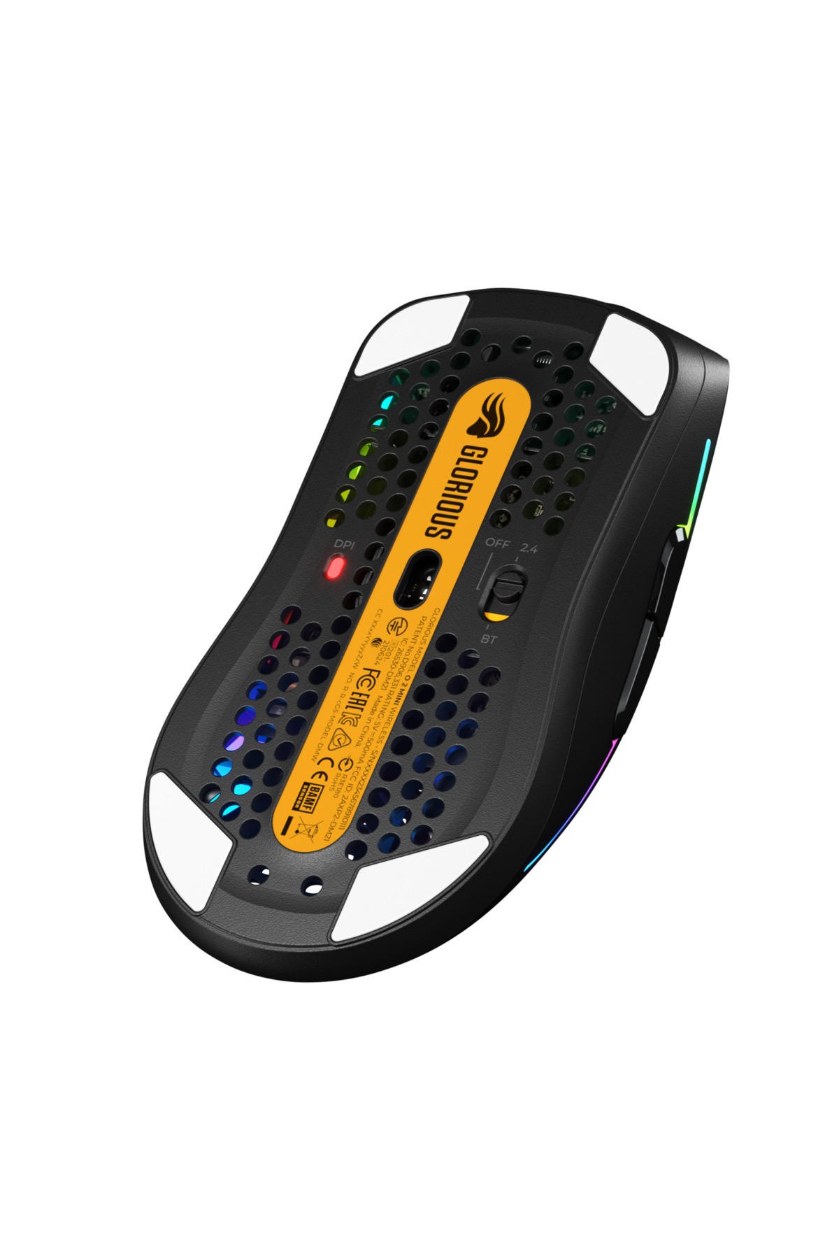 Mouse gaming nero e giallo traforato con illuminazione RGB.