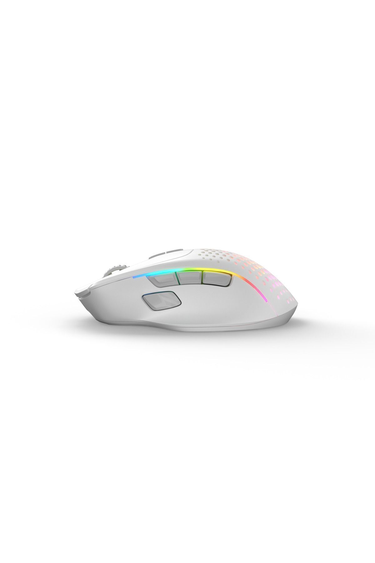 Mouse gaming bianco con illuminazione RGB, su sfondo bianco.