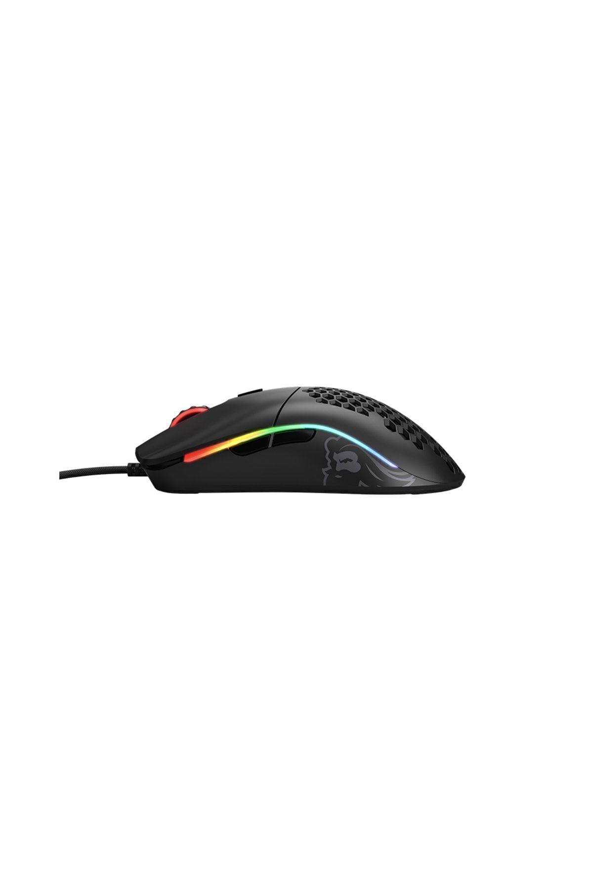 Zwarte gamingmuis met RGB-verlichting en honingraatpatroon bovenaan.