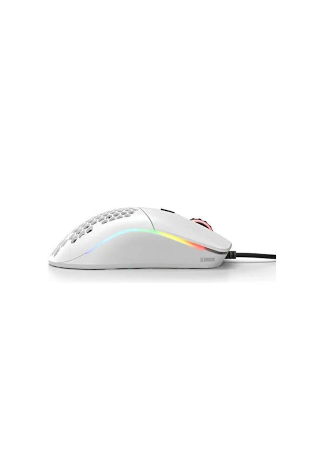 Bal peteği desenli ve RGB aydınlatmalı beyaz oyuncu faresi.