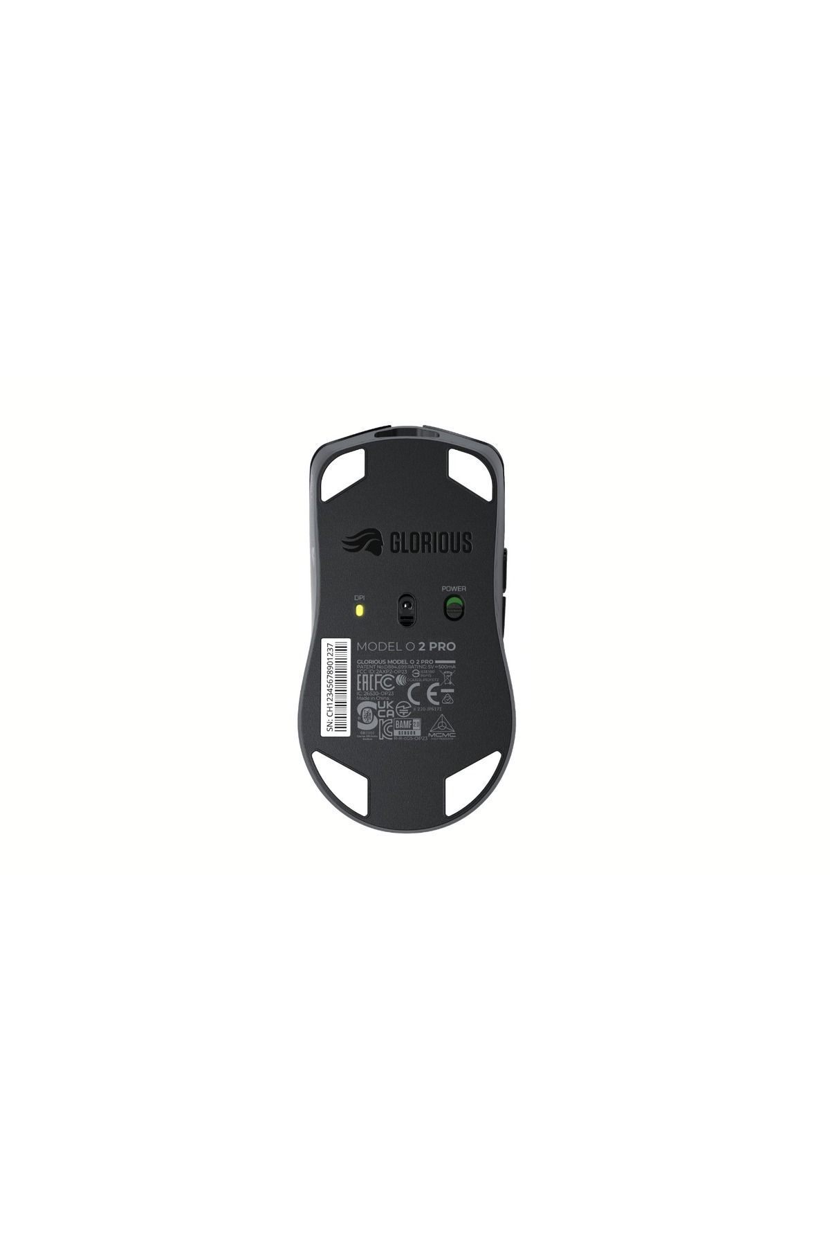 Spód czarnej myszy gamingowej Glorious Model O 2 Pro z etykietami.