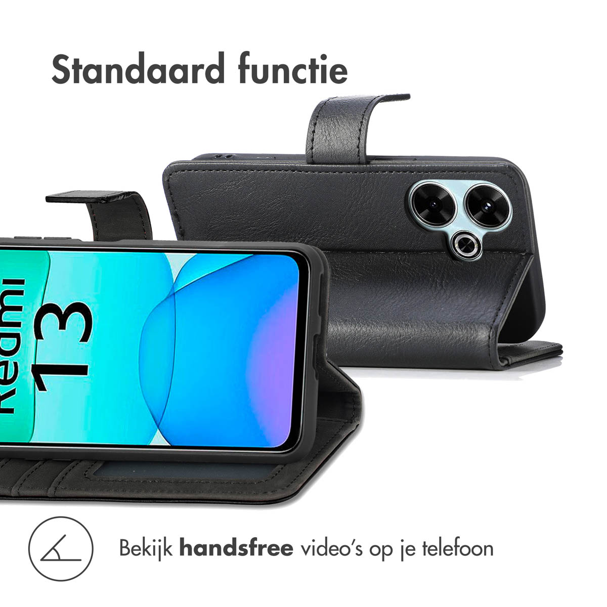 Een zwarte telefoon in een hoesje dat als standaard dient.