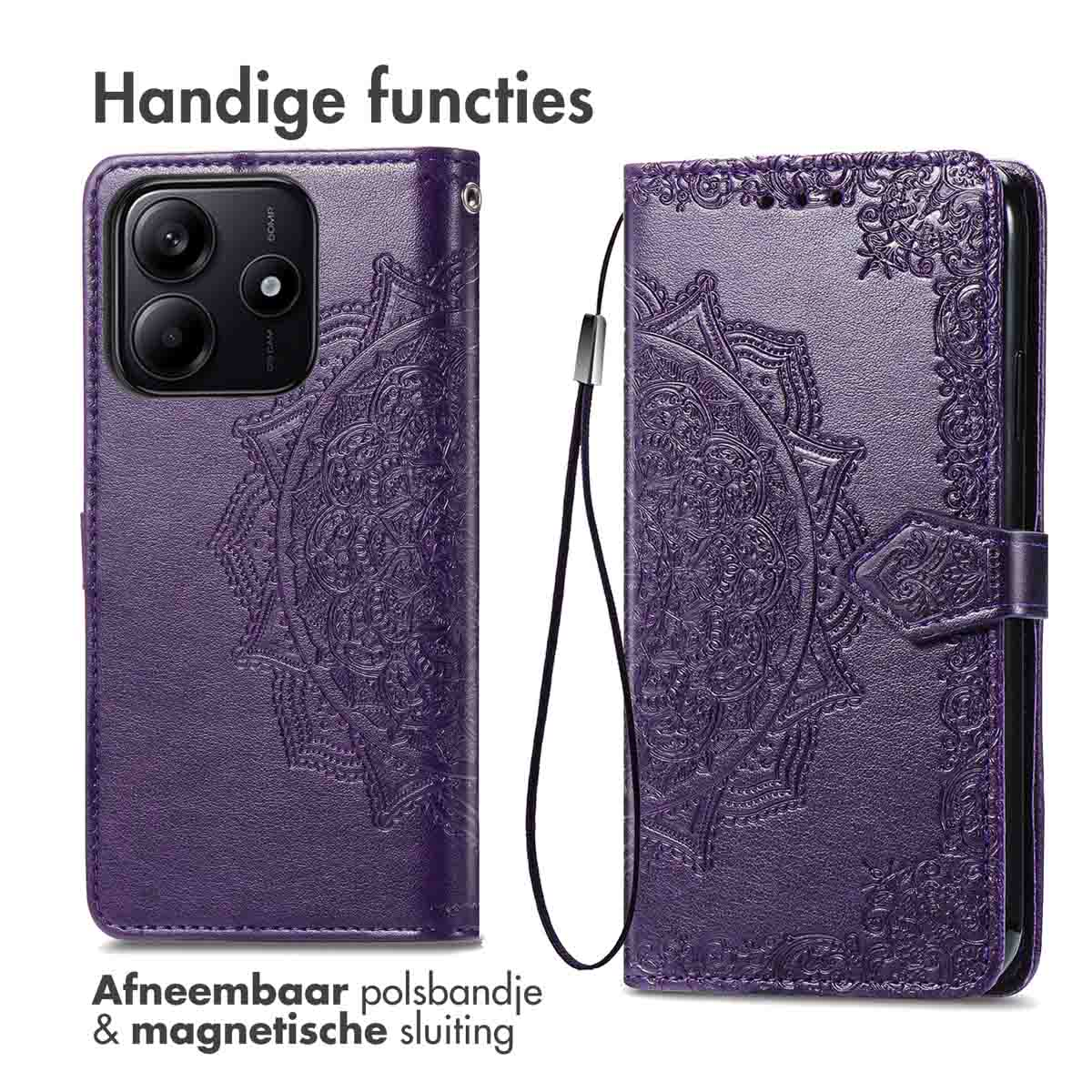 Paarse telefoonhoes met mandala-patroon, afneembare band en magnetische sluiting.