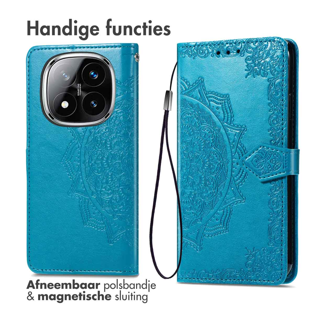 Blauw telefoonhoesje met mandala reliëf en polsbandje.