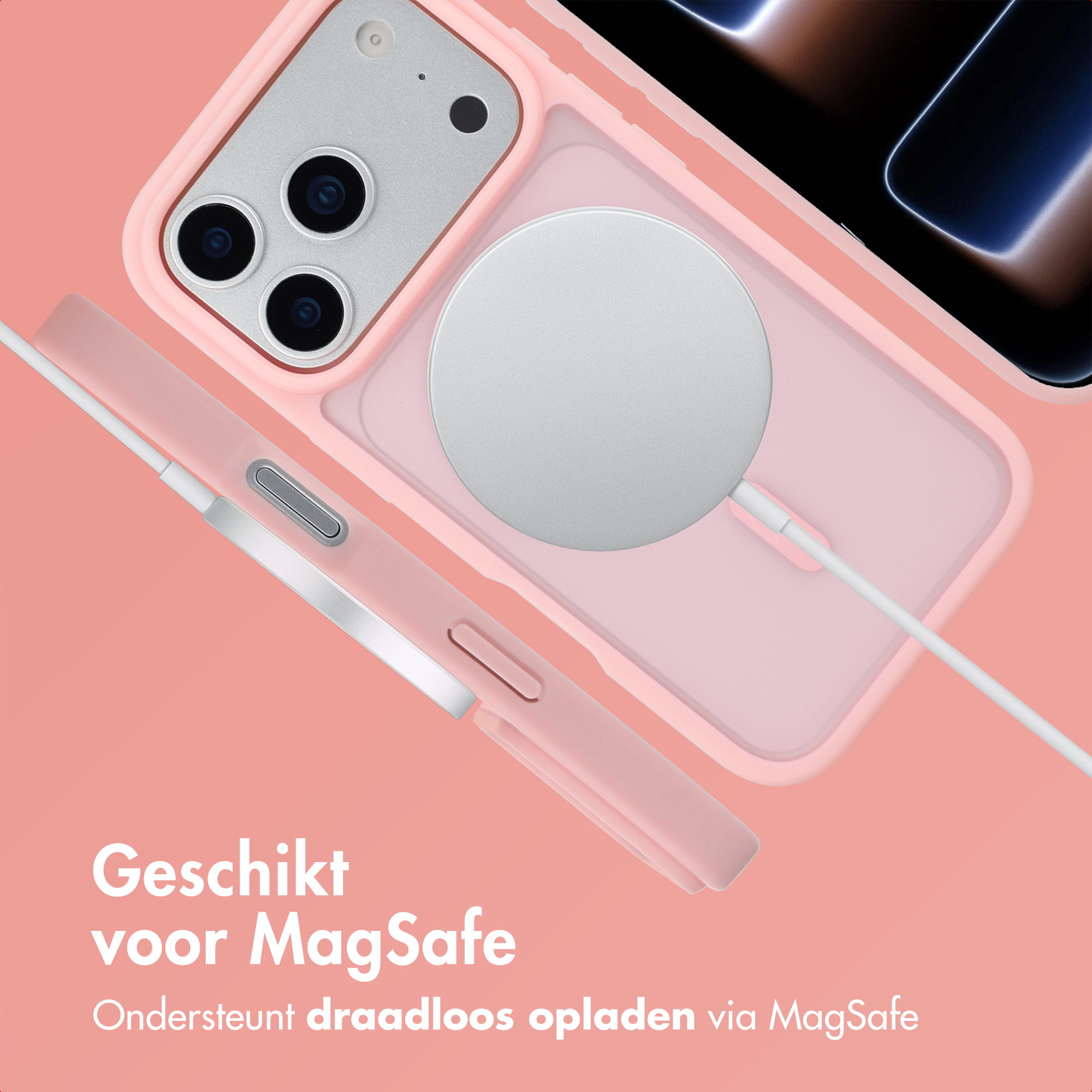 Een roze iPhone-hoesje met MagSafe-oplader en kabel.