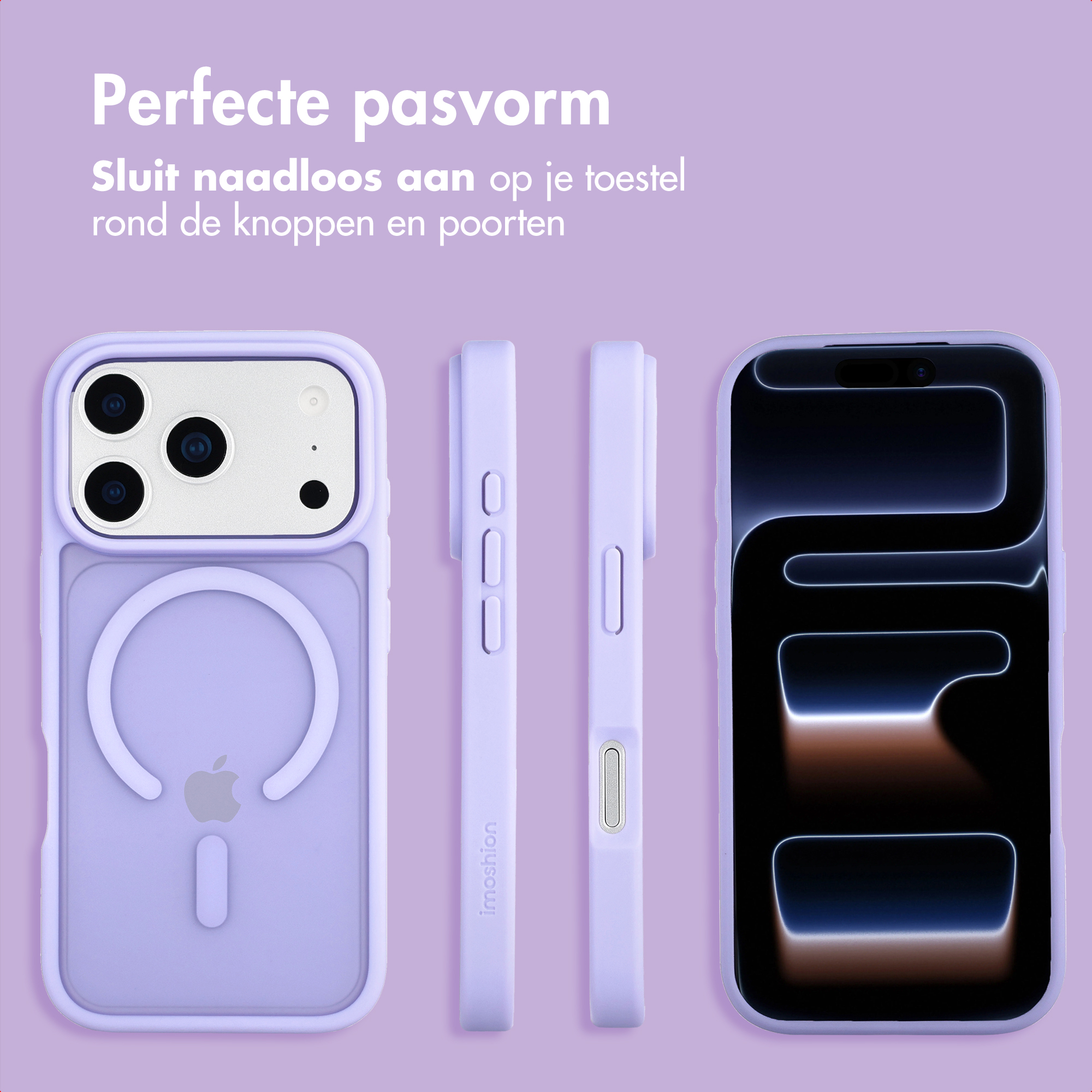 Lavendelkleurige telefoonhoes met camera-uitsparing en Apple-logo.