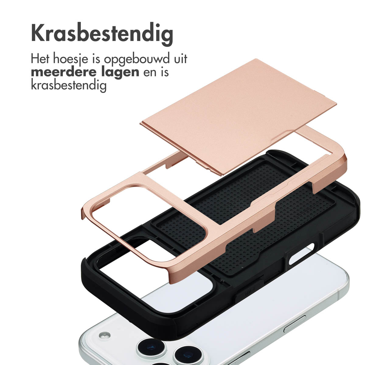 Explosietekening van een roségouden telefoonhoesje met meerdere lagen.
