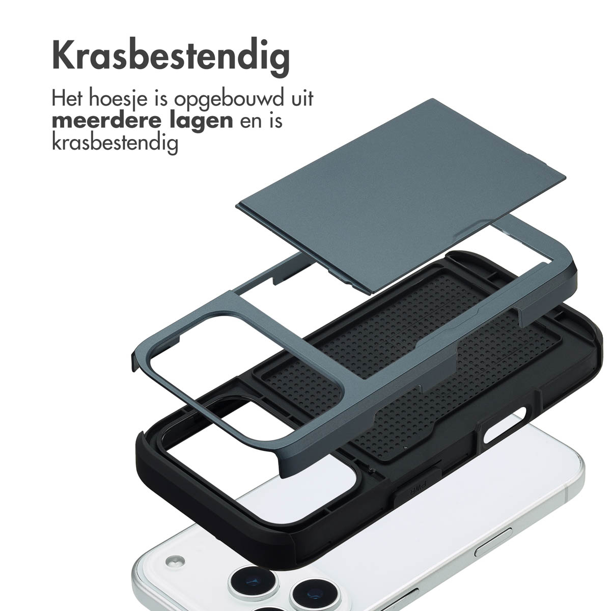 Explosietekening van een meerlaagse, krasbestendige telefoonhoes over een smartphone.