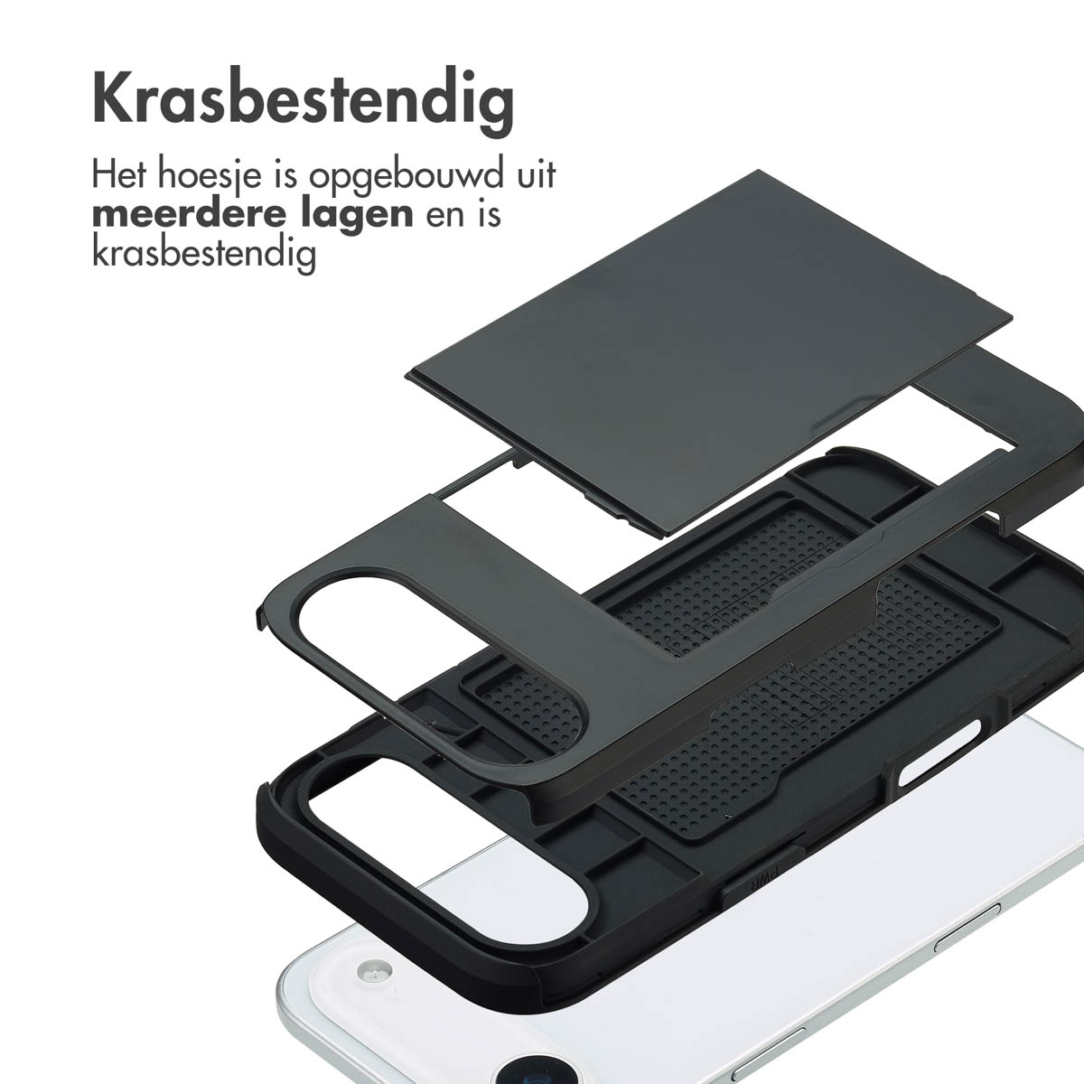 Vue éclatée d'une coque de téléphone noire multicouche sur un smartphone blanc.