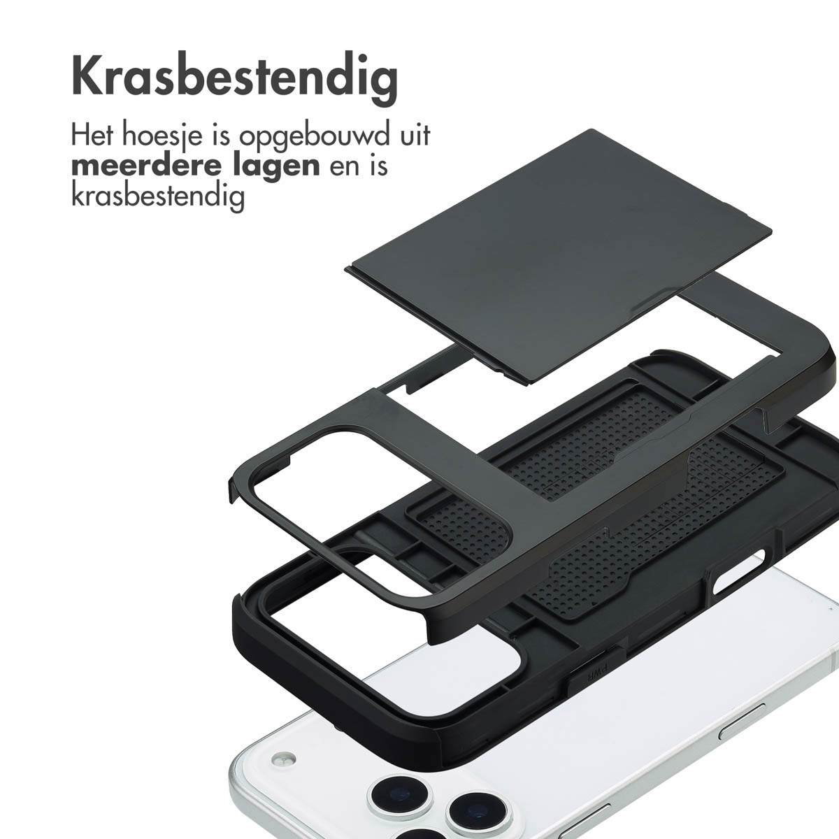 Vue éclatée d'une coque de téléphone noire composée de plusieurs couches.
