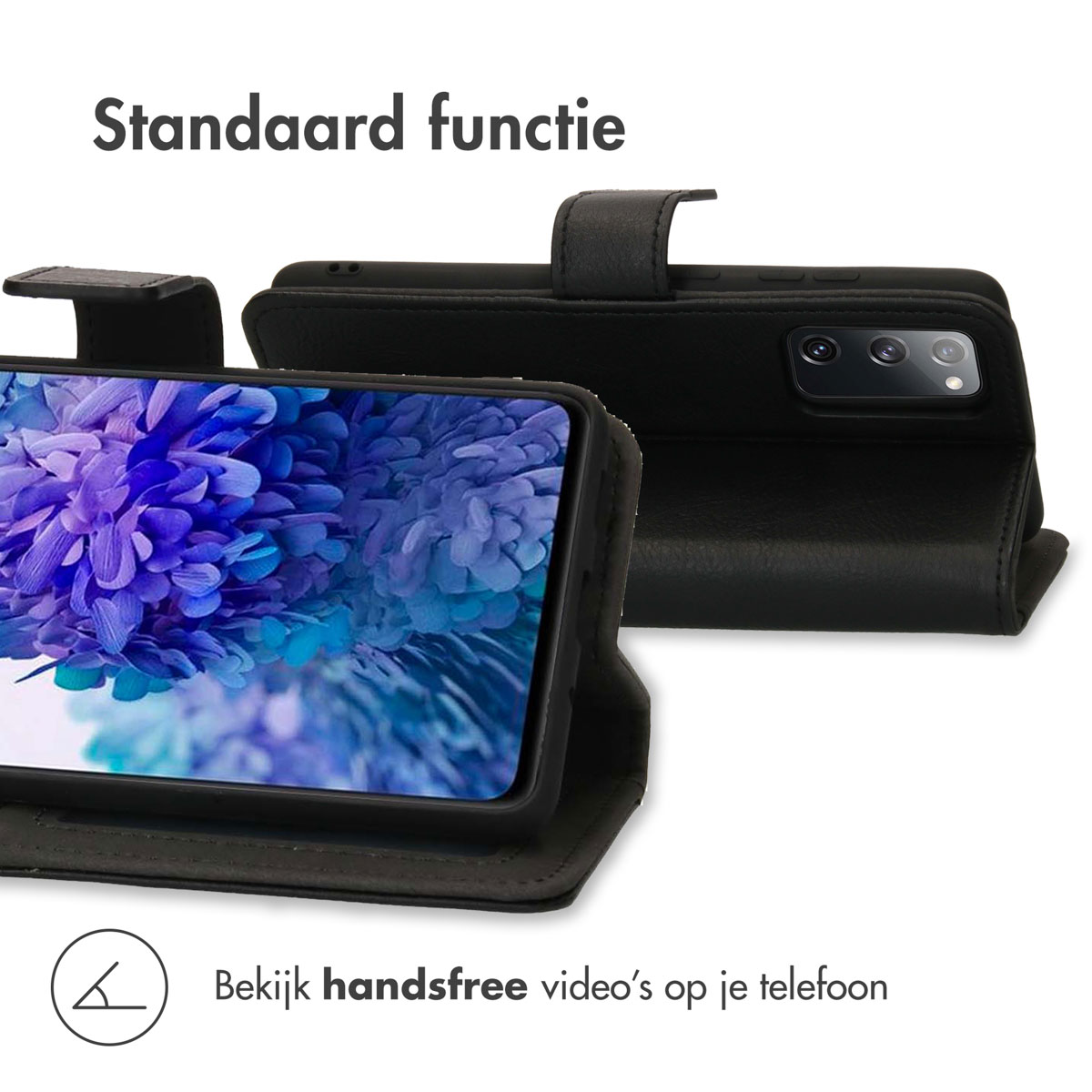 Een zwarte, liggende telefoon flipcase met open scherm dat een paars patroon toont.