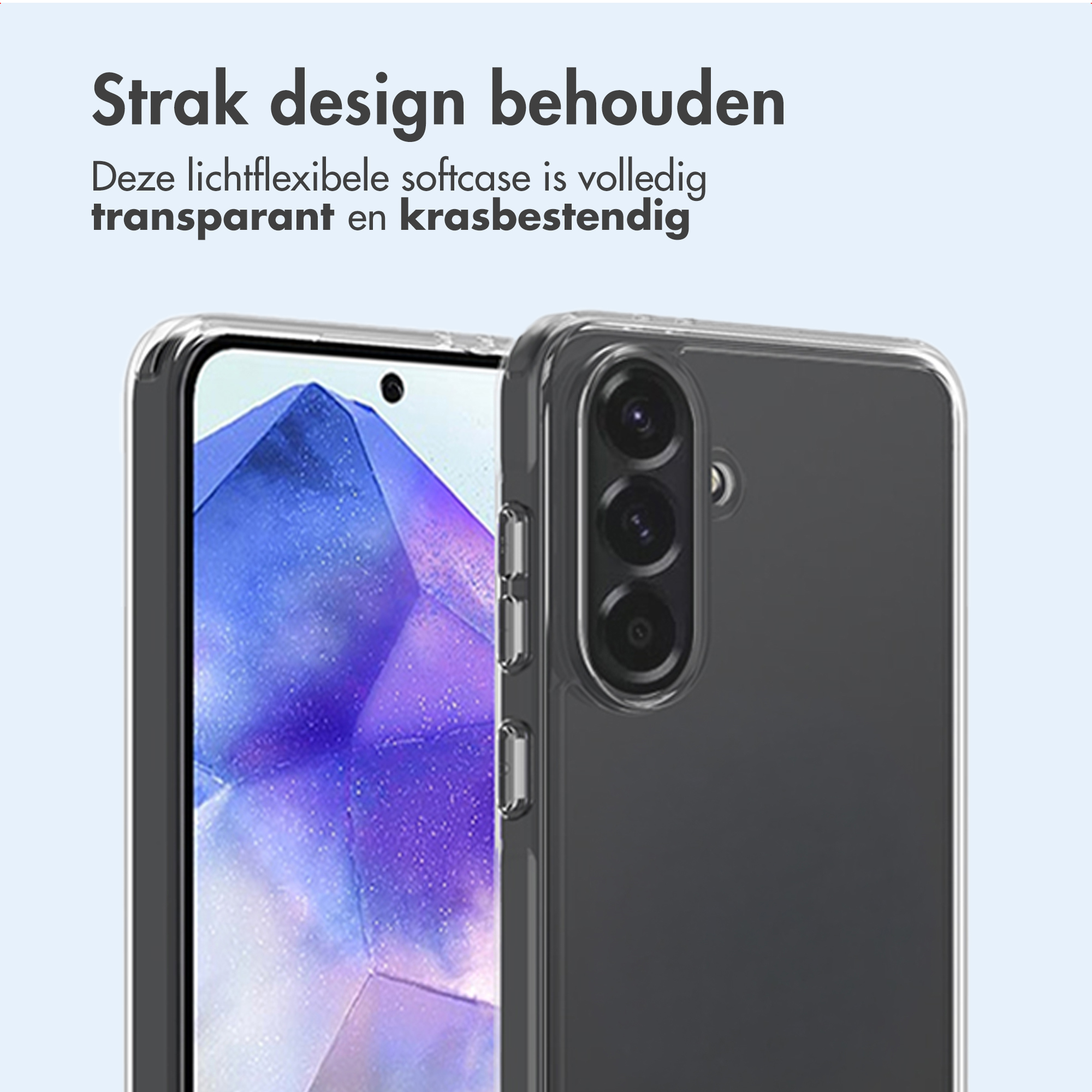 Custodia trasparente per telefono mostra smartphone con fotocamera e schermo.